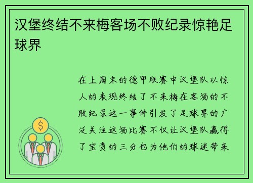 汉堡终结不来梅客场不败纪录惊艳足球界